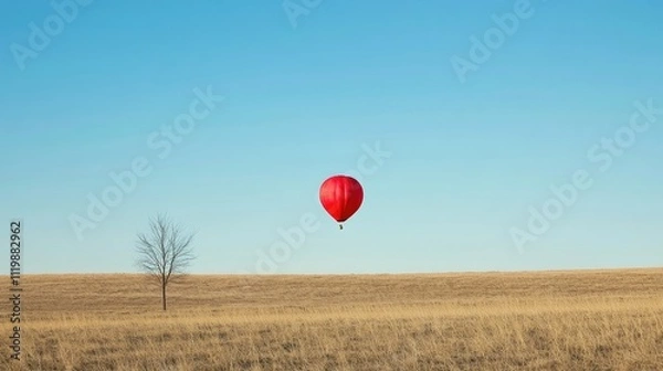 Fototapeta Colorful Red Hot Air Balloon Ascending Over a Serene Golden Field Under a Clear Blue Sky, Capturing the Essence of Adventure and Freedom in Nature