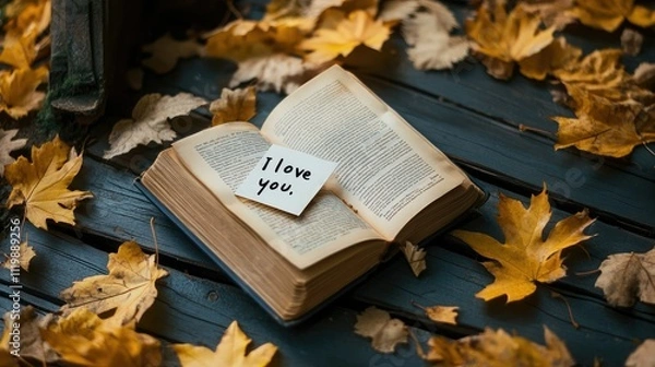 Fototapeta A Romantic Note In An Open Book Surrounded By Autumn Leaves Represents Love And Affection In A Cozy Fall Setting Perfect For Heartwarming Moments