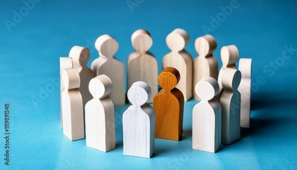 Obraz a paper cut of of a crowd of diverse people; wooden figures around the leader	
