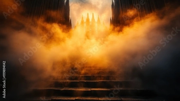 Fototapeta A mysterious scene featuring a stairway disappearing into glowing light, flanked by gothic spires, enveloped in an enigmatic and warm misty ambiance.