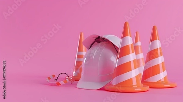 Obraz Traffic cones and hardhat under constructiom icon isolated on pink