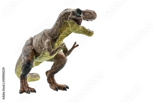 Fototapeta Tyrannosaurus Rex isolated on white background. Side view of a T-Rex dinosaur. Tyrannosaurus was a bipedal carnivore with a massive skull. Exist before the Cretaceous-Paleogene extinction event.