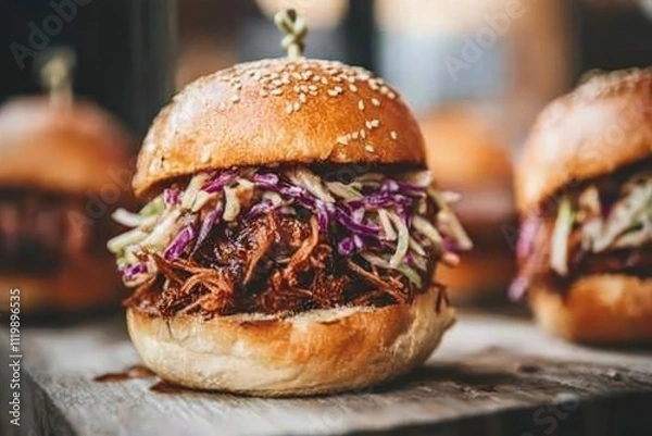 Obraz Close-up of a pulled pork slider with coleslaw on a brioche bun.