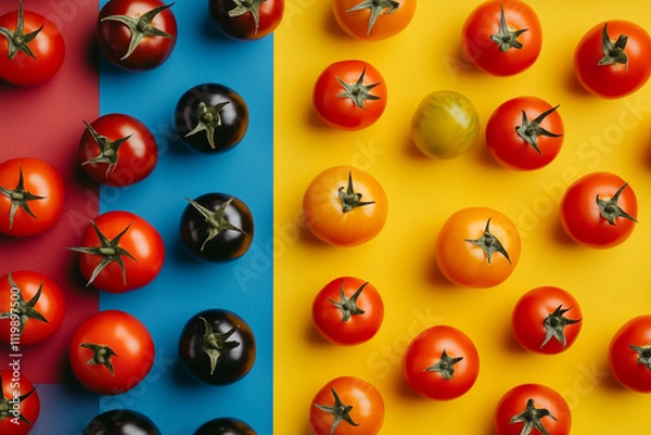 Obraz Red tomatoes on colourful background in a pop art style