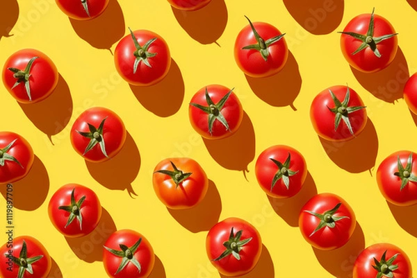 Obraz Red tomatoes on yellow background in a pop art style