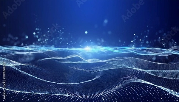 Obraz blue background digital signature with wave particles sparkle veil and space with depth of field the particles are white light lines
