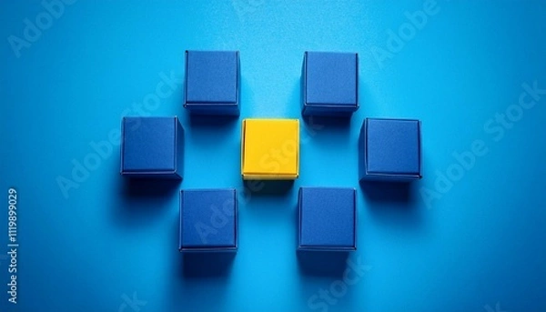 Obraz a visually striking image of an outstanding yellow box placed among a series of blue boxes on a light blue background