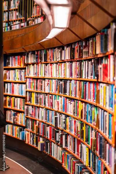 Obraz Colorful Books Lined Up on Curved Wooden Shelves in a Modern Library Providing a Vibrant and Inviting Atmosphere for Reading and Learning