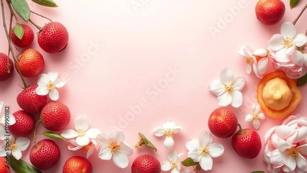 Fototapeta A beautifully arranged composition of fresh strawberries and delicate white flowers on a soft pink background, ideal for spring promotions and social media graphics.