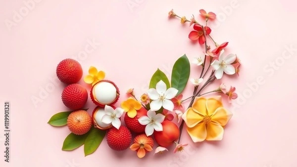 Fototapeta A colorful arrangement of tropical fruits and vibrant flowers on a soft pink background, perfect for summer-themed designs and marketing materials