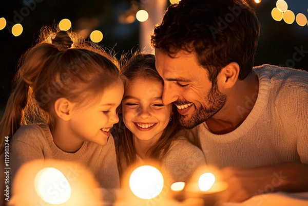 Obraz A joyful father shares warm moment with his two daughters, surrounded by soft candlelight and twinkling lights, creating cozy and loving atmosphere