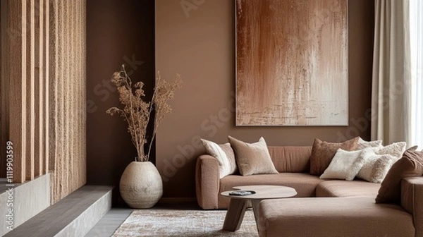 Fototapeta A cozy living room with a modern sectional sofa, decorative pillows, a minimalistic table and a floral arrangement of dry leaves in brown shades of Mocha Mousse