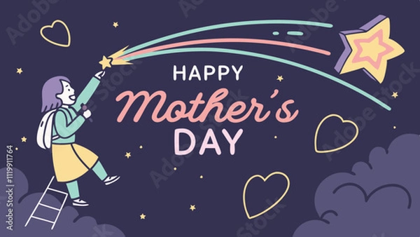 Fototapeta Starry banner celebrating Mother's Day with colorful illustrations and heartfelt wishes in a whimsical design for all mothers