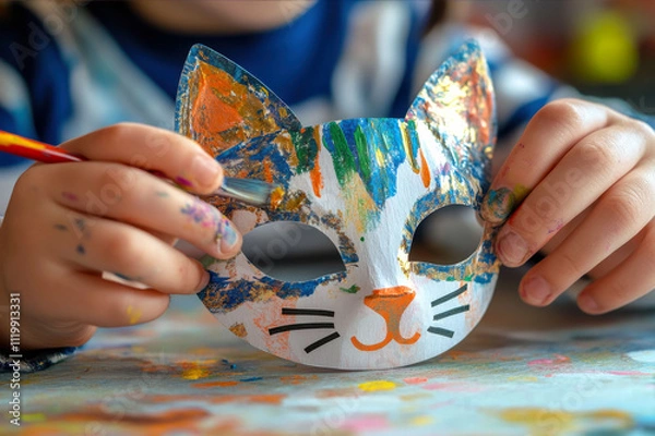Obraz Hand made child's hands paint a paper cat mask

