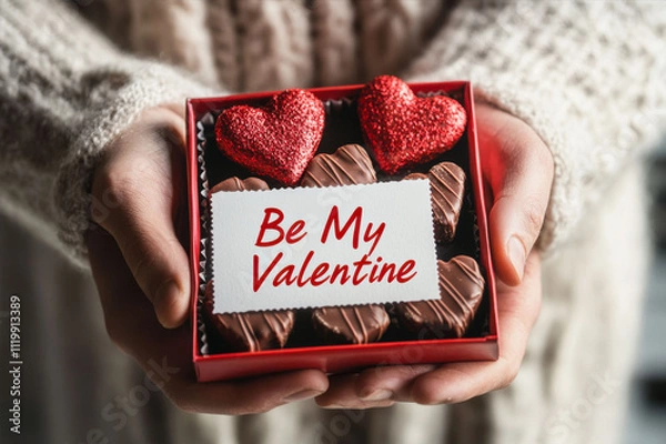 Obraz Close up of mans hands holding out red box with hearts made of chocolate and card