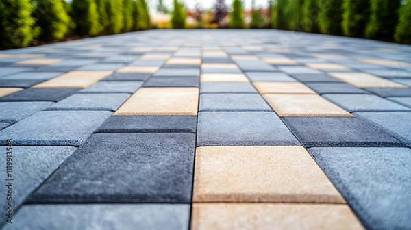 Obraz a luxury driveway made of grey and light brown concrete pavers arranged in an L-shape pattern