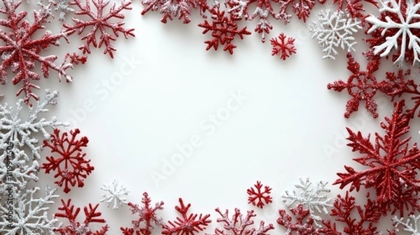 Fototapeta Red snowflake border card with blank white center for holiday design