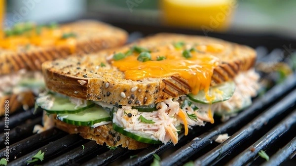 Obraz Tuna melt panini with cheddar cheese and cucumbers on a panini grill