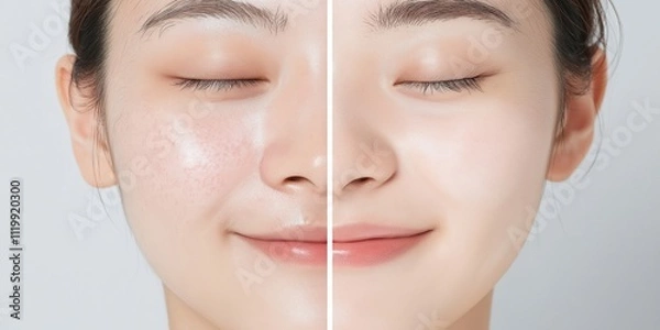 Fototapeta スキンケアによる変身分割画面: 透明感のある肌へのビフォーアフター