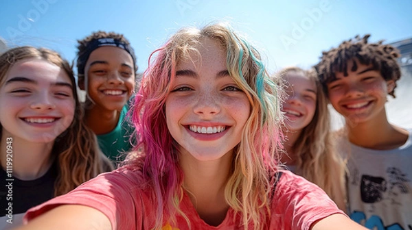 Fototapeta Group of NON BINARY teenagers taking a selfie at skate park. Integration in a diverse society. 