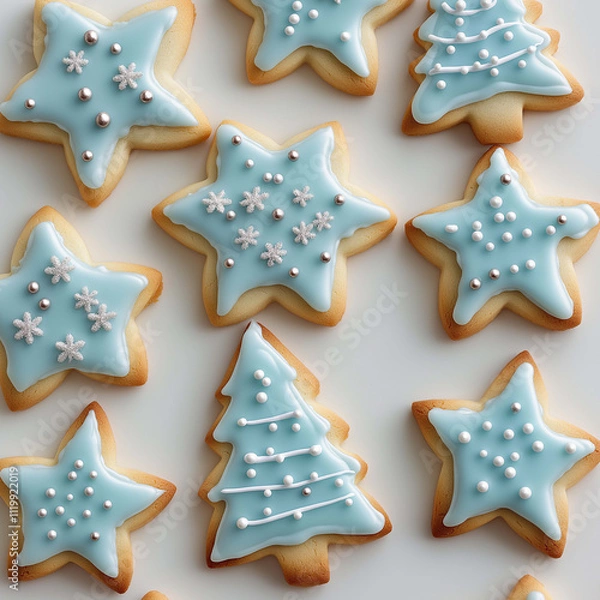 Obraz Delicious blue frosted cookies shaped like stars and trees, decorated with silver beads and snowflakes, perfect for festive celebrations and holiday gatherings