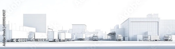 Obraz White model of city logistics with trucks and buildings.