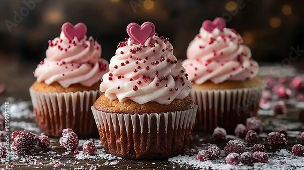 Obraz Valentine's Day dessert featuring pink frosted cupcakes with heart toppers