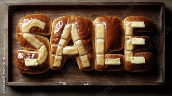 Fototapeta Delicious bakery item shaped like letters promoting a sale at a local shop