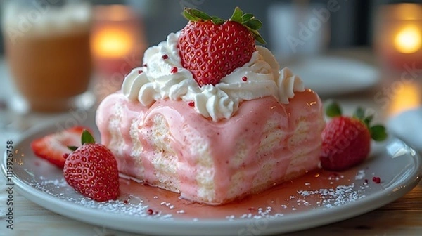 Fototapeta Heart-shaped pink pancakes topped with whipped cream and strawberries for Valentine's Day