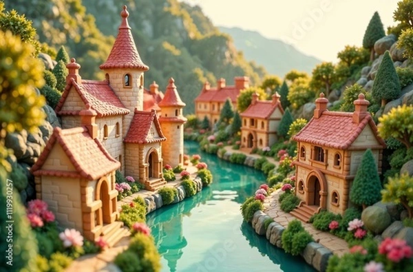 Fototapeta Fairytale castle kingdom built of marzipan. AI generated illustration cartoon style for the the International Marzipan Day, which is celebrated yearly on January 12