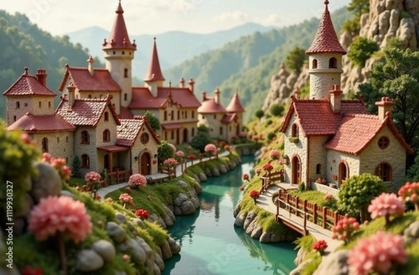 Fototapeta Fairytale castle kingdom built of marzipan. AI generated illustration cartoon style for the the International Marzipan Day, which is celebrated yearly on January 12