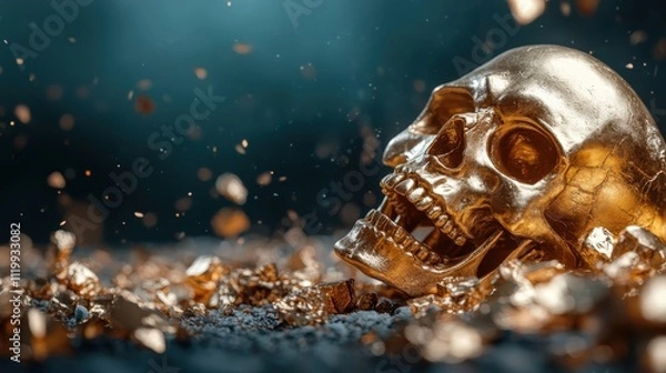 Fototapeta A strikingly detailed golden skull rests amidst a sea of shimmering gold dust and particles, creating a vibrant and eye-catching visual composition full of metaphor.