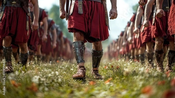 Fototapeta Ancient roman soldiers marching in formation wearing red tunics and armor