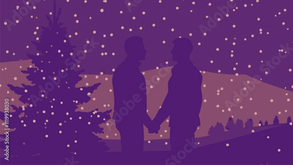 Fototapeta Two men hold hands near a christmas tree in a snowy landscape, creating a romantic and festive atmosphere filled with love and warmth