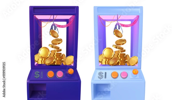 Fototapeta Slot machine elevator machine for getting gifts, gold coins and cash.. Bright neon grab machines. 3d realistic illustration. Vector