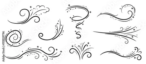 Fototapeta Winter wind doodle illustration set. Frosty curly pattern with snow collection of sketch design elements.