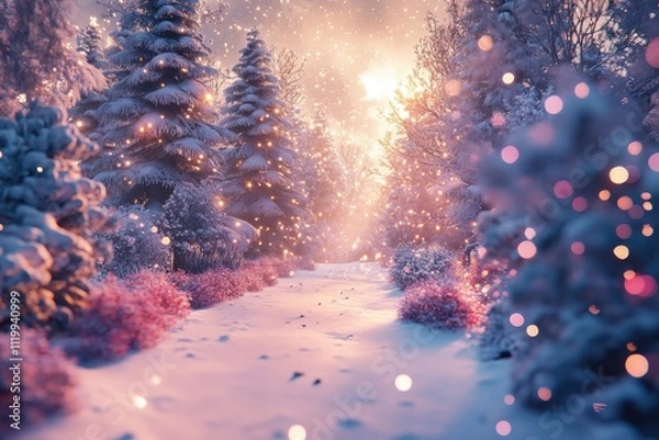 Fototapeta Snowy path in a magical winter forest, adorned with glowing lights on snow-covered trees. Perfect for Christmas, winter, or holiday themed projects, evoking warmth and wonder.