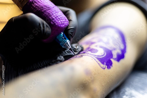 Obraz Close-up shot of a tattoo artist using a tattoo machine to create a detailed design on a client’s arm, with a focus on the purple stencil and black gloves. Perfect for tattoo art, creativity, and life