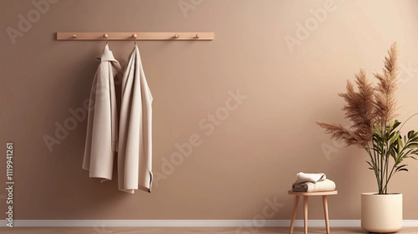 Obraz Cozy interior with beige wall, towels hanging on a wooden rack, and decorative plants in a minimalist setting