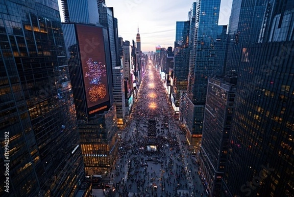 Fototapeta An aerial shot of Times Square captures the vibrant energy of New York City, highlighting the dynamic blend of crowds, bright lights, and iconic landmarks.