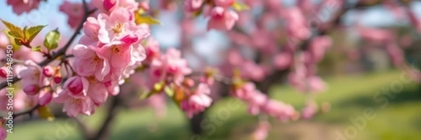 Fototapeta Cherry blossoms bloom in a tranquil park during spring, showcasing vibrant pink flowers against a serene background