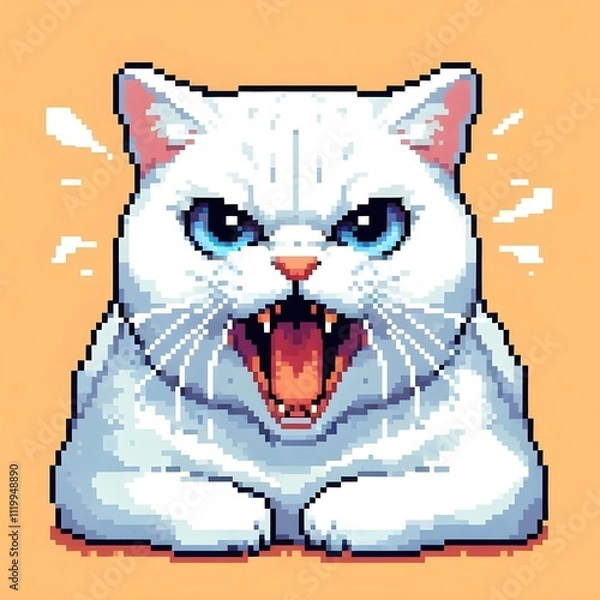 Obraz Brightly Colored Pixel Art Close-Up of a Hissing White Cat