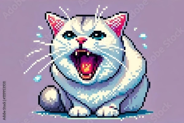 Obraz Close-Up of White British Shorthair Cat Hissing – Vibrant Pixel Art Style