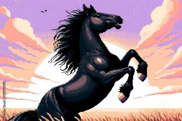 Obraz Close-Up Pixel Art of a Rearing Black Horse in Vibrant Cartoon Style