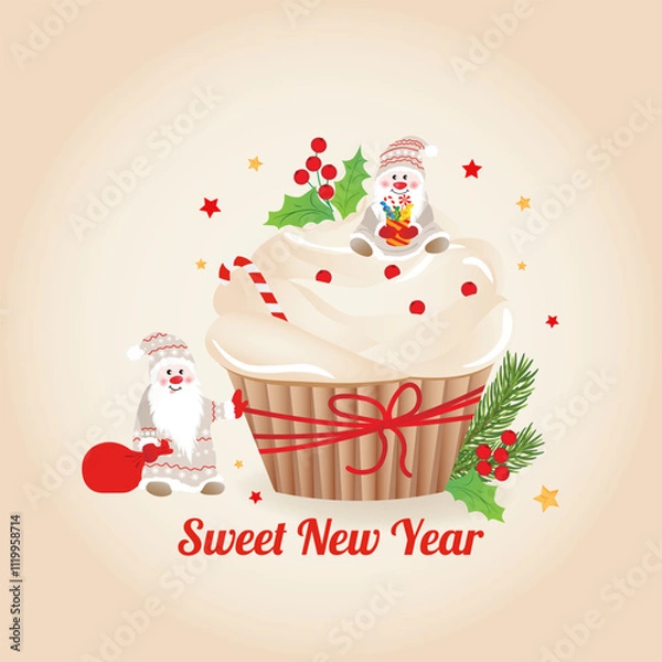 Obraz New year delicious cupcake with whipped cream and cute cnomes. Vector greeting card in cartoon style.
