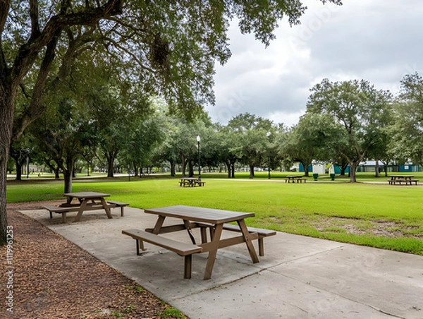 Fototapeta A serene park scene with picnic tables surrounded by lush green grass and trees.