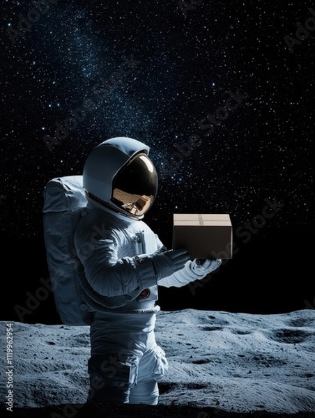 Fototapeta Astronaut delivers a parcel on the lunar surface in a symbolic act of exploration