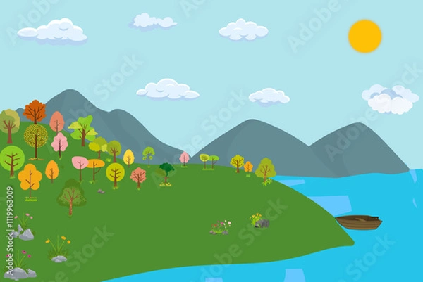 Obraz river cutting through the mountains with a boat on the bank