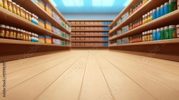 Fototapeta Supermarket aisle with stocked shelves seen from a low angle perspective