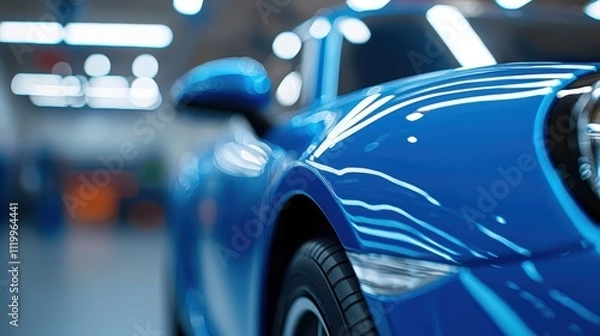 Fototapeta Detailed view of a blue car body with reflections in an industrial workshop setting